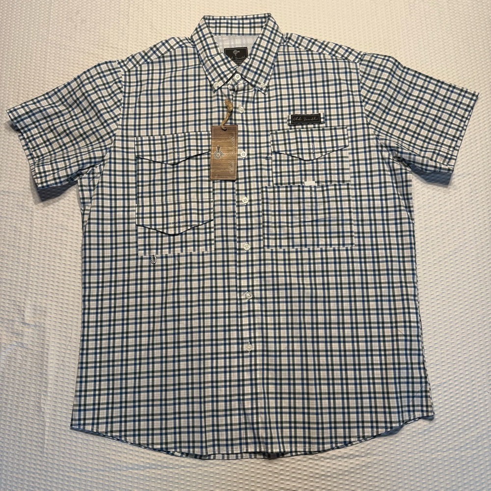 Old South Men's Blue, Green and White vented sportsman shirt size small new
